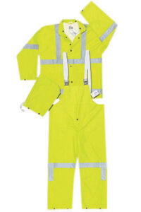 MCR Safetyﾮ Lime Luminatorﾙ .38 mm Polyester And PVC 3-Piece Rain Suit With Hi Viz Stripes, Detachable Hood And Bib Pants