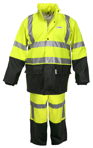 MCR Safetyᆴ Fluorescent Lime | Black Luminatorル .40 mm Polyester And Polyurethane 2-Piece Rain Suit With Attached Hood And Elastic Waist Pants