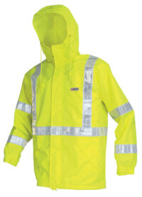 MCR Safetyﾮ Fluorescent Lime Luminatorﾙ Polyester And Polyurethane Jacket With Attached Hood And Hi Viz Stripes