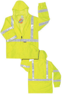 MCR Safetyﾮ Fluorescent Lime Luminatorﾙ Polyester And Polyurethane Jacket With Attached Hood And Hi Viz Stripes