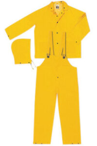 MCR Safetyﾮ Yellow Classic .35 mm Polyester And PVC 3-Piece Rain Suit With Detachable Hood And Bib Pants