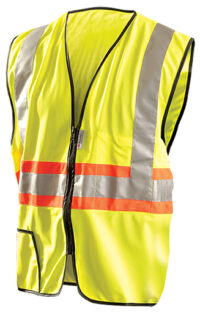 OccuNomix X-Large Hi-Viz Yellow OccuLuxﾮ Premium Light Weight Solid Polyester Tricot Class 2 Two-Tone Expandable Traffic Vest With Front Zipper Closure And 3Mﾙ Scotchliteﾙ 2" Reflective Tape Backed by Orange Trim And 2 Pockets