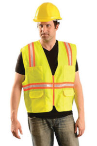 OccuNomix Large Hi-Viz Yellow OccuLuxﾮ Classicﾙ Economy Woven Twill Solid Polyester Two-Tone Surveyor's Vest With Front Zipper Closure And 3/4" White Gloss Tape Backed by Orange Trim And 9 Pockets