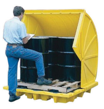 Eagle 59 1/2" X 73 1/2" X 68" Yellow HDPE 4-Drum Rotary-Top Containment Unit With 66 Gallon Spill Capacity And Drain