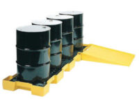 Eagle 103 1/2" X 26 1/4" X 6 1/2" Yellow HDPE 4-Drum In-Line Spill Containment Platform With 60.5 Gallon Spill Capacity Without Drain