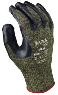 SHOWA™ Size 10 Aegis KVS4™ 13 Gauge Cut Resistant Black Nitrile Dipped Palm Coated Work Gloves With Yellow Seamless Stainless Steel And Polyester Reinforced Aramid Knit Liner And Elastic Knit Wrist