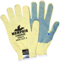 Memphis Glove Large Yellow And Blue Hero™ 13 Gauge Kevlar, Spandex And Stainless Steel Cut Resistant Gloves With Knit Wrist And Blue PVC Dot Coating On Palm